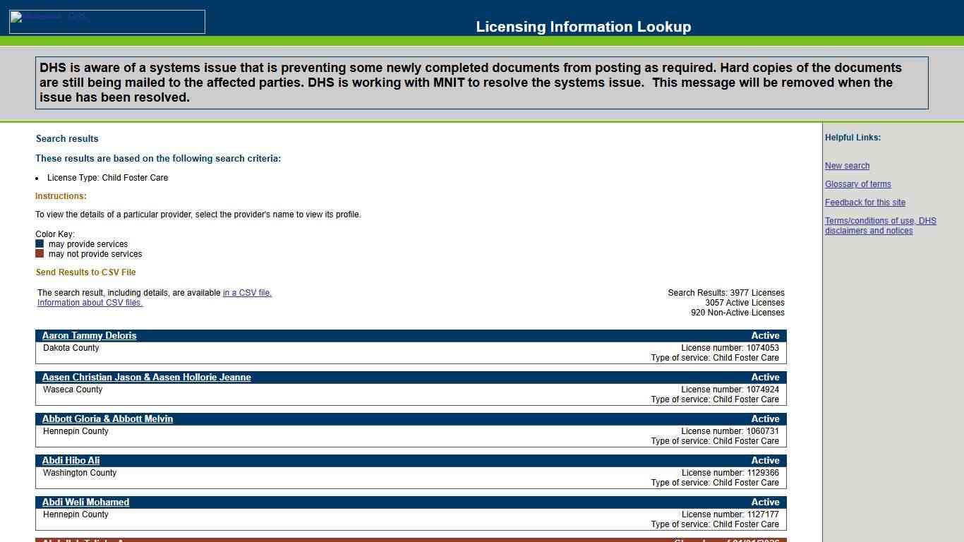 Search results, MN DHS Licensing Info Lookup