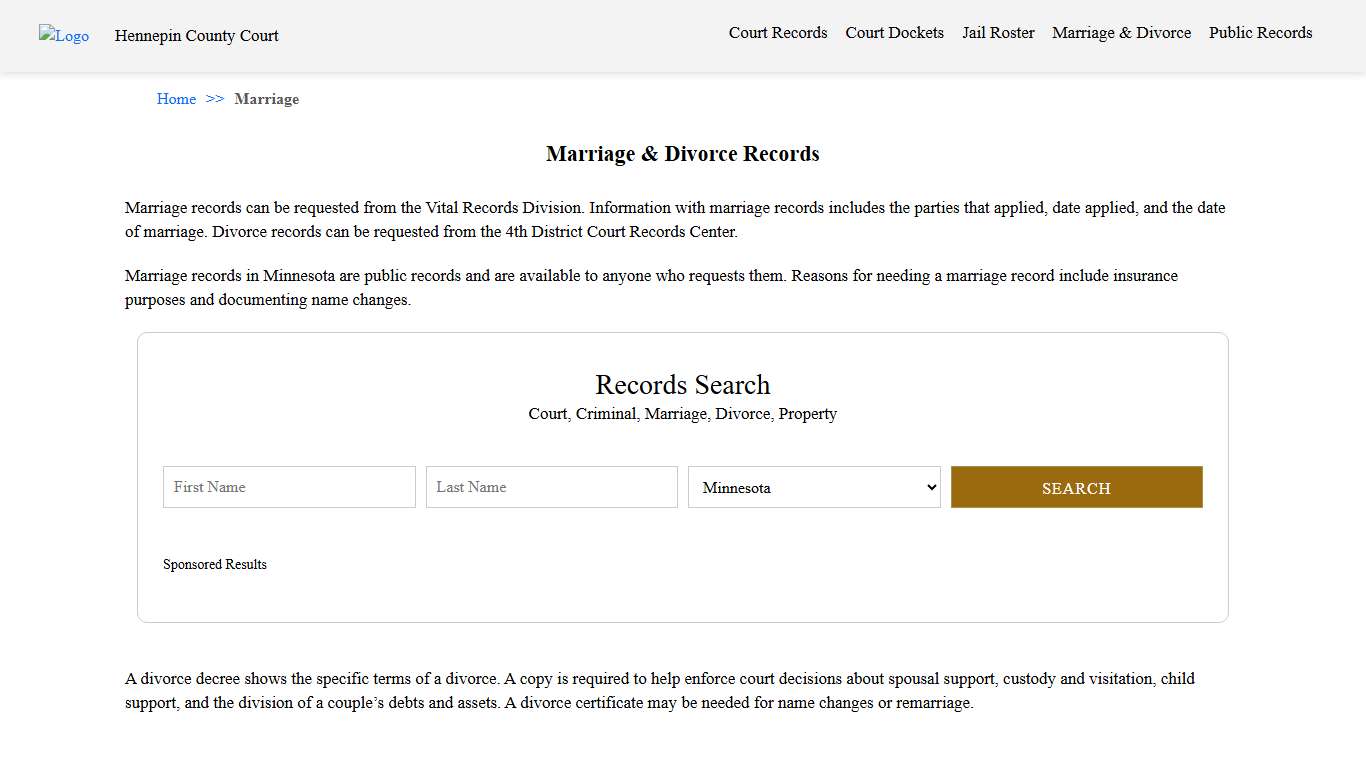 Marriage & Divorce Records Hennepin County Court